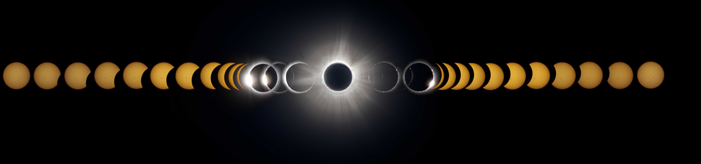 Total solar eclipse composite — partial phases through totality, photographed from St-Gédéon-de-Beauce, Quebec, April 8 2024 by Tim Mullin